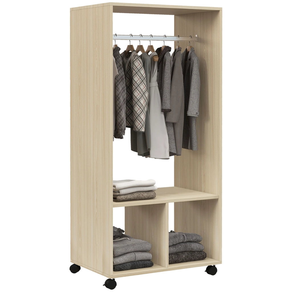 Armadio con ruote, barra appendiabiti e ripiani ¨C zephmum ¨C 60x40x128 cm, colore naturale