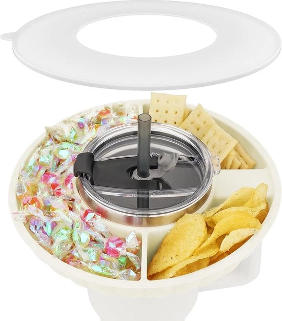 Tavolo da snack con coperchio per 30oz Stanley Cup - Compatibile con Stanley Quencher - Tavolo da snack in silicone con 3 compartimenti - Tazza da snack con coperchio (bianca)