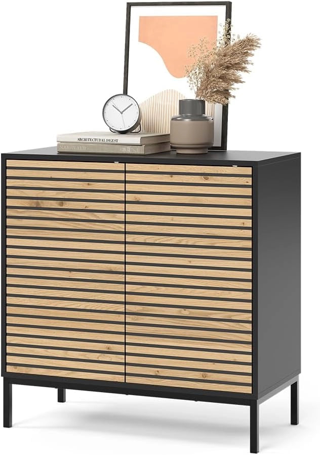 Cassettiera Eliza, Quercia dorata/antracite, 80 x 81.2 cm con 2 porte, Meccanismo push-to-open e superficie facile da pulire