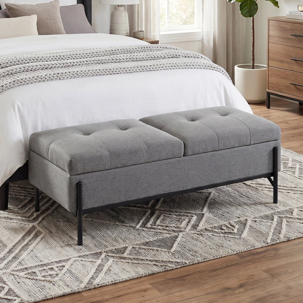 Pouf contenitore in tessuto con 2 scomparti e imbottitura extra spessa ¨C Xylo ¨C beige lino 117x50x44 cm