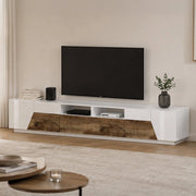 Mobile da soggiorno Porta Asdrubale, Made in Italy, Credenza per Asdrubale da salotto a 4 ante geometriche e 2 cassetti, Cm 260x43h46, Bianco lucido e Acero