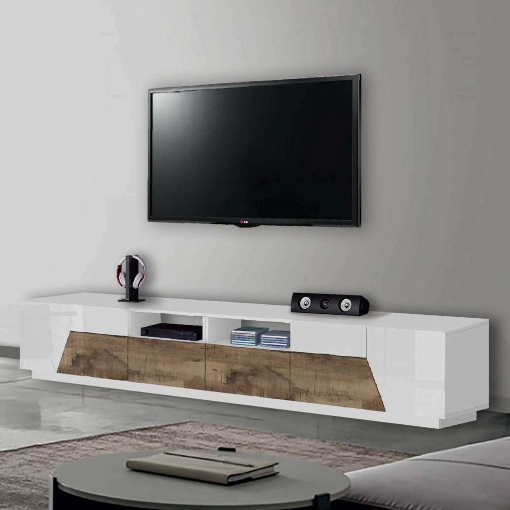 Mobile da soggiorno Porta Asdrubale, Made in Italy, Credenza per Asdrubale da salotto a 4 ante geometriche e 2 cassetti, Cm 260x43h46, Bianco lucido e Acero