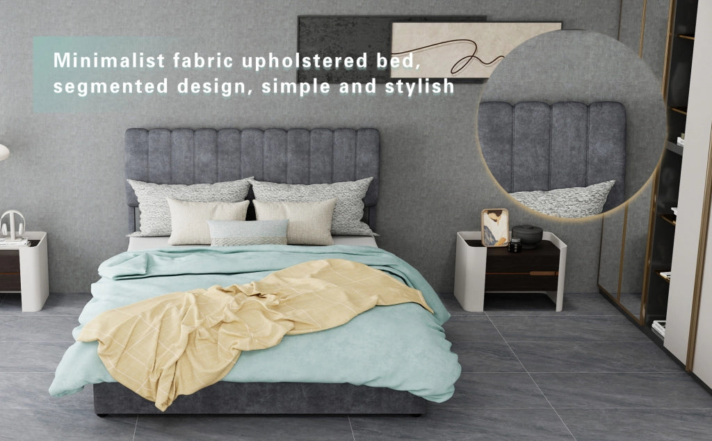 Letto Imbottito Moderno 140x200 cm con Testiera Morbida e Base Contenitore Grigia