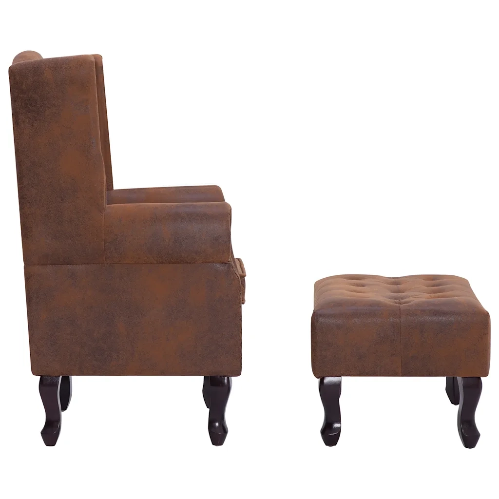 Poltrona Chesterfield Poggiapiedi Marrone Ecopelle Scamosciata