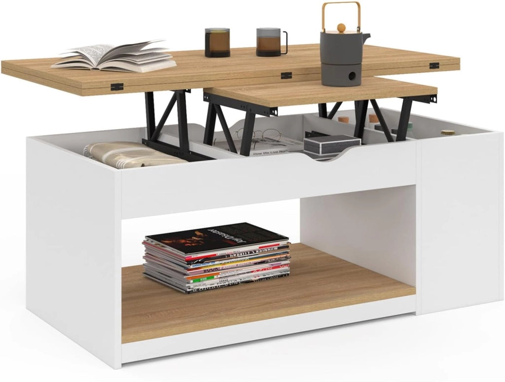Tavolino rettangolare con piano sollevabile, trasformabile in tavolo da pranzo ELEA, 100 cm, legno bianco e impiallacciato faggi