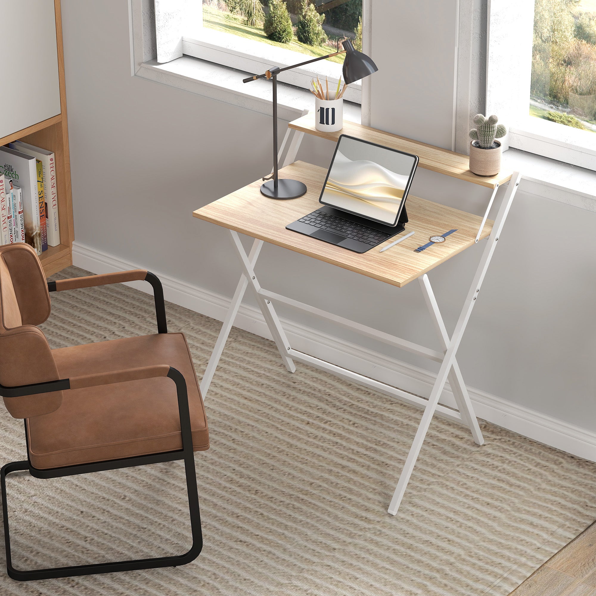 Scrivania Pieghevole 81,5x62x86,5 cm con Ripiano per Monitor Legno e Bianco