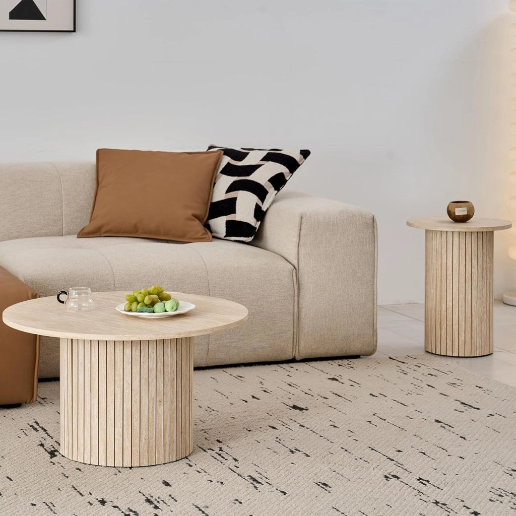 GrandCA HOME - Set di 2 Tavolini Rotondi da Caffè, Tavolino Rotondo da Divano, Piano in MDF con Base a Doghe in Legno, Ideale per Soggiorno e Ufficio (Travertino gialloe)