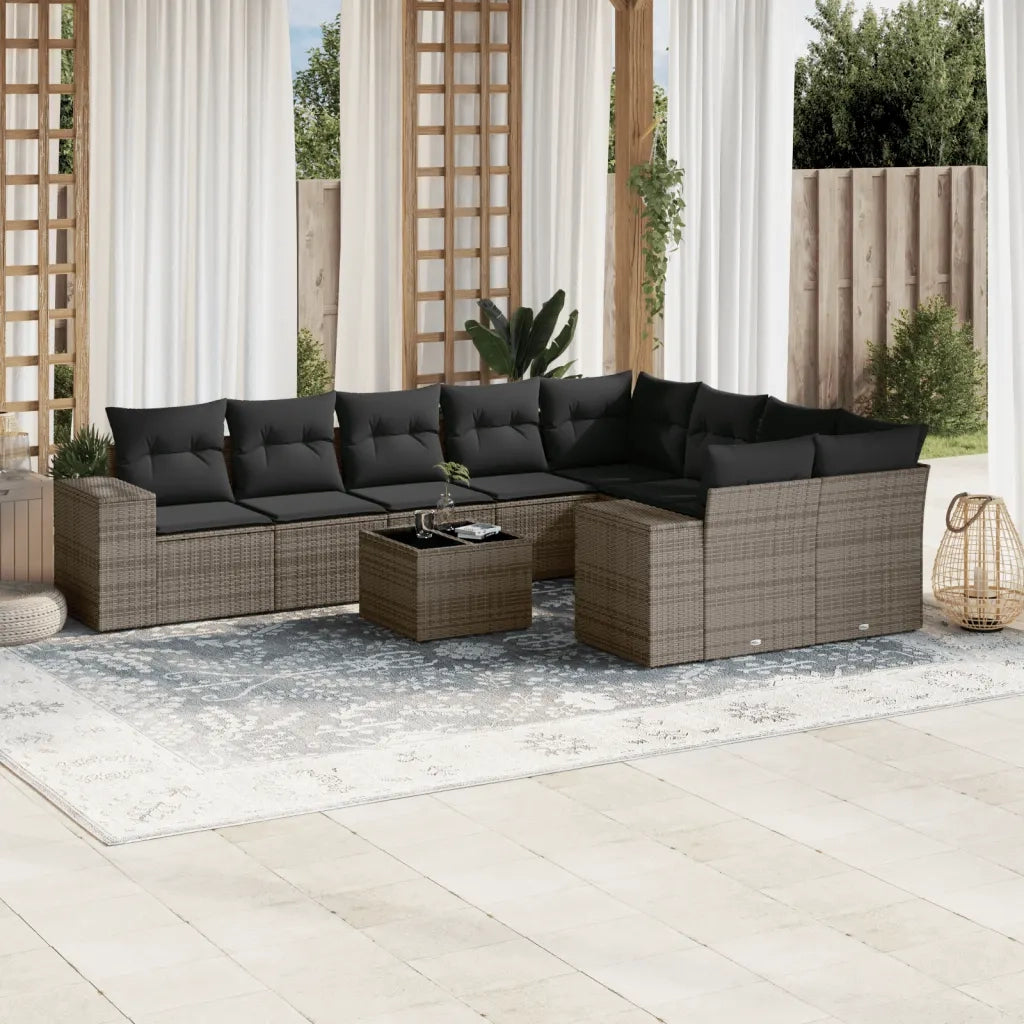 Set Divano da Giardino 10 pz con Cuscini Grigio in Polyrattan