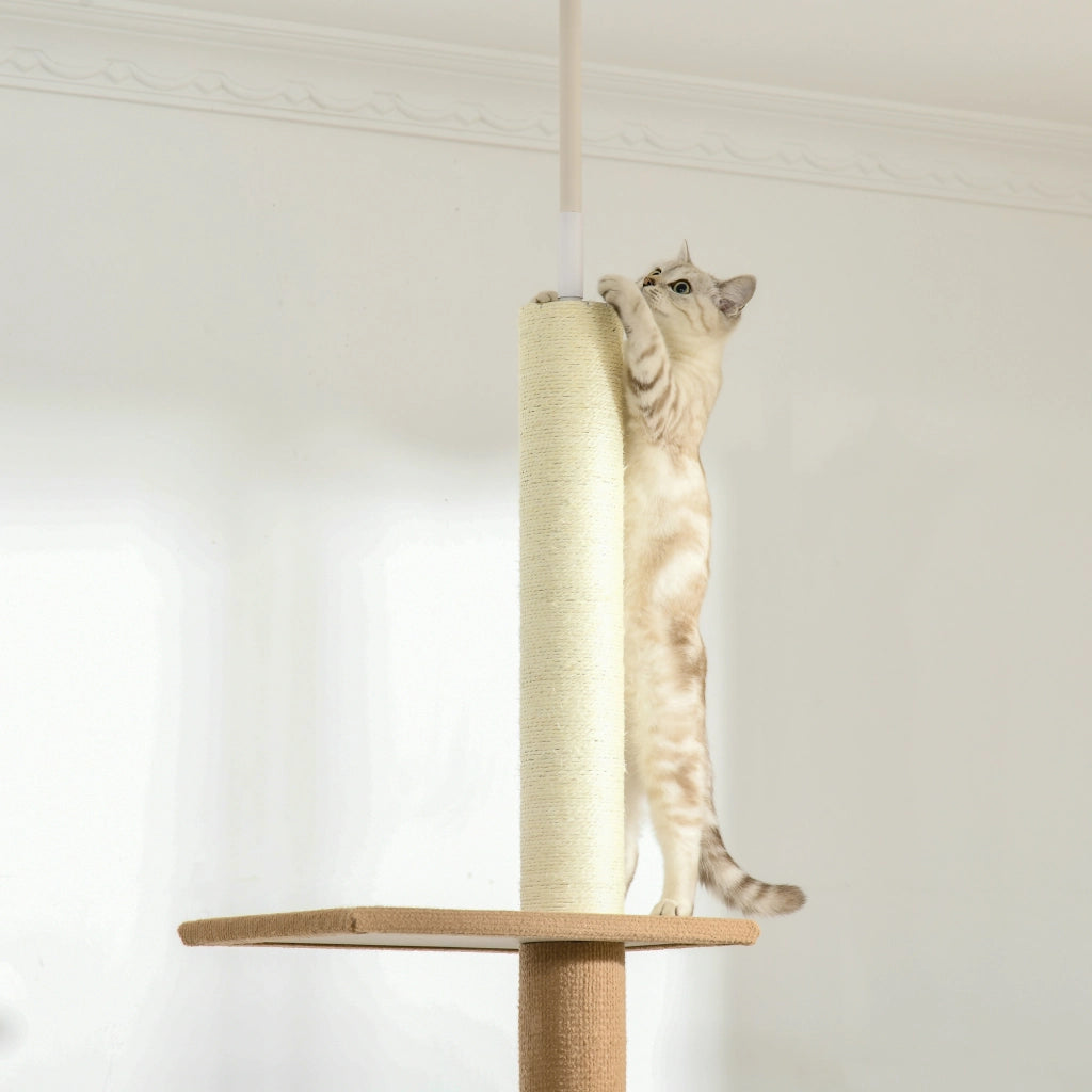 Albero Tiragraffi per Gatti da Soffitto Regolabile in Altezza, 4 Piattaforme, Colore Khaki