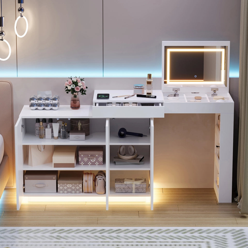 Tavolo da toeletta L girevole con illuminazione LED; multifunzione toeletta/scrivania; finitura lucida Bianco; 100×40×80cm
