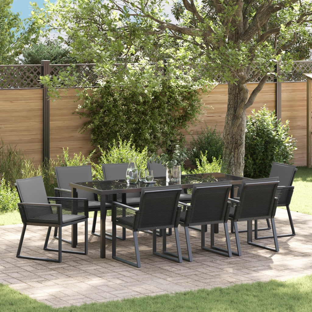 Set da Pranzo da Giardino 9 Pezzi con Cuscini Nero Polyrattan