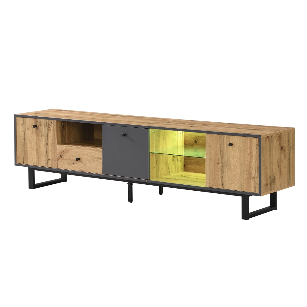 Mobile TV con 3 Ante; 1 Cassetto e 3 Vani e LED; Ripiani in Vetro; Stile Industriale; in Truciolare; Naturale; 190??40??50 cm