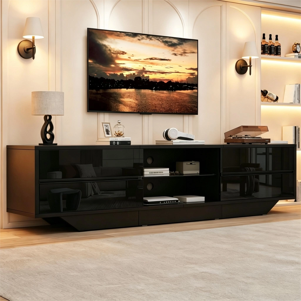 Mobile porta TV con LED RGB, 2 ante e 4 vani con ripiano in vetro regolabile, per soggiorno, nero, 160 × 35 × 44,5 cm