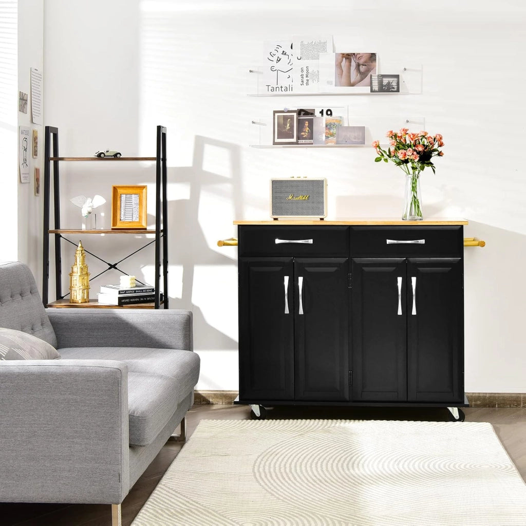 Carrello da cucina con piano di lavoro in legno di gomma con 2 armadi e ripiani regolabili, 2 cassetti grandi, portasciugamani laterali, armadio con ruote, 122 x 48 x 92,5 cm (nero)