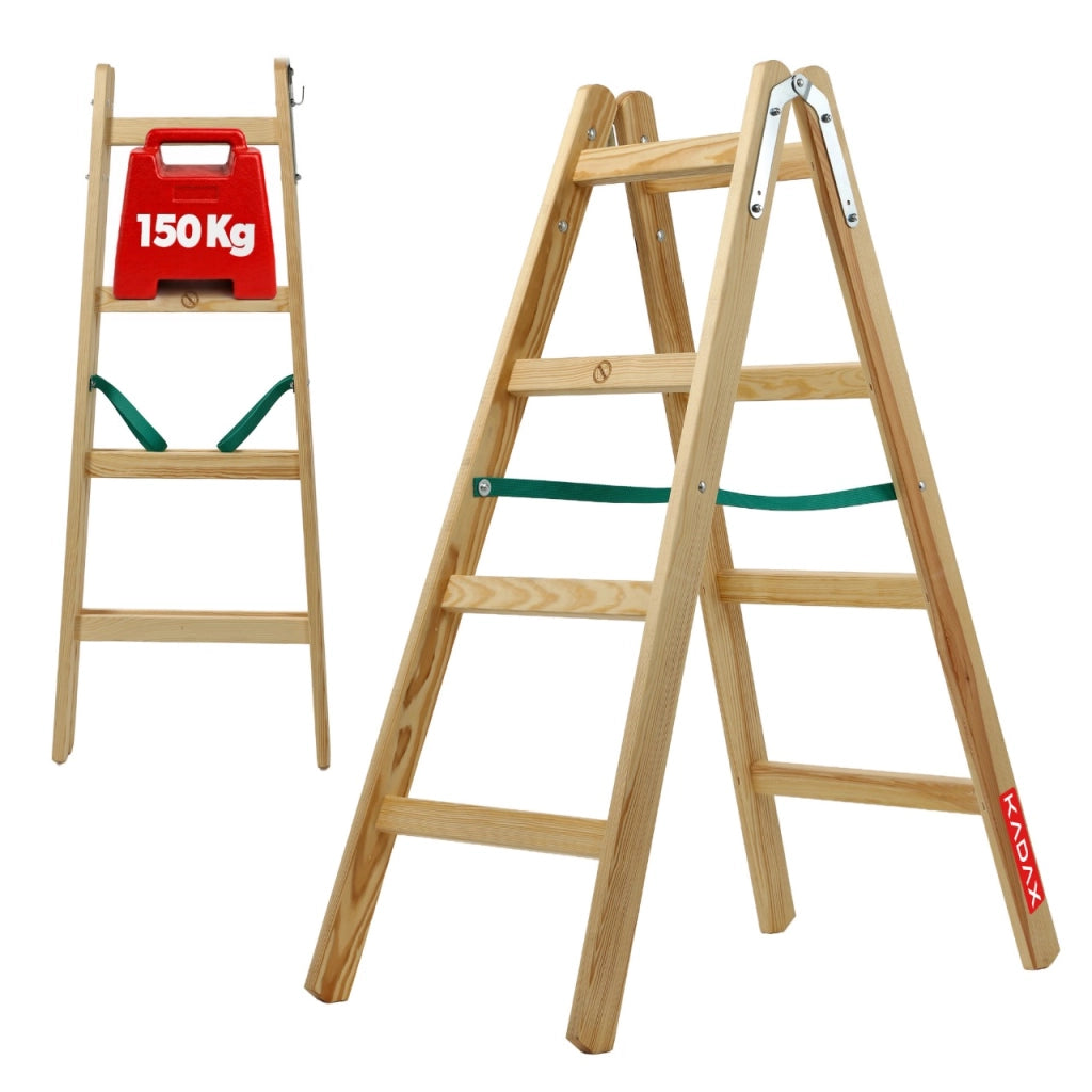 Scala domestica in legno KADAX a 4 gradini, a doppia faccia, per pittura, portata 150 kg.