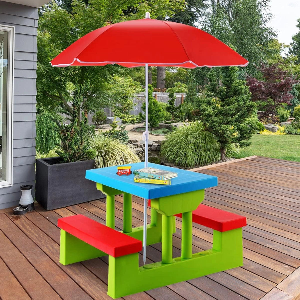 Set di Sedie per Bambini con Ombrellone, Mobili per Bambini con 1 Tavolo e 2 Panche, Set di Sedute per Bambini in PP, Set da Picnic per Parco Giardino Campeggio, Blu+Rosso+Verde