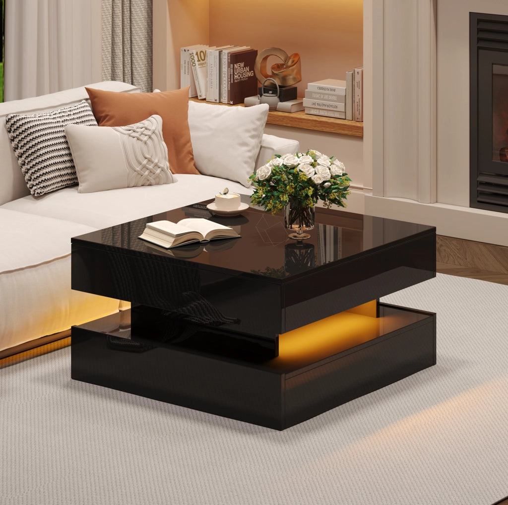 Tavolino da caff猫 65x65x38.5 cm; piano sollevabile con 2 cassetti; pannello truciolare nero