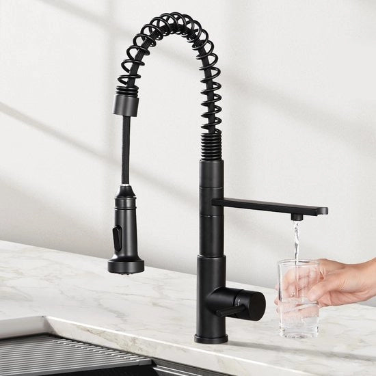 Sistema a spirale 3 vie per rubinetto cucina, rubinetto cucina con scarico estraibile, rubinetto cucina, miscelatore rubinetto scarico cucina per installazione osmose e filtro acqua, in acciaio inox nero