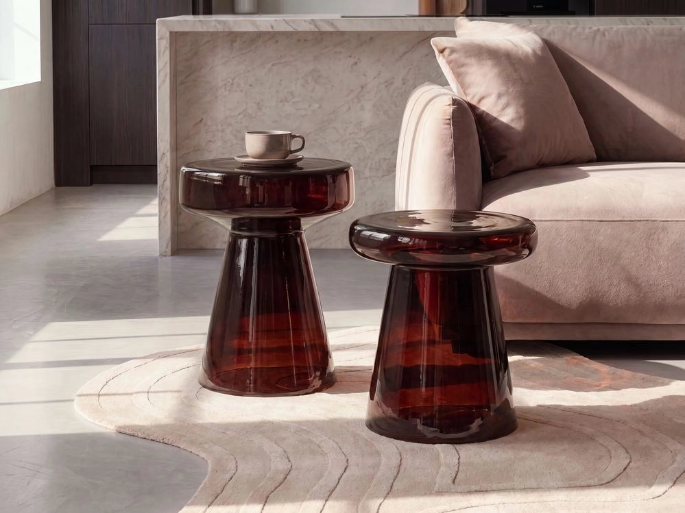 Set di 2 Tavoli da caffè in vetro trasparente marrone scuro moderno di forma ovale design moderno contemporaneo