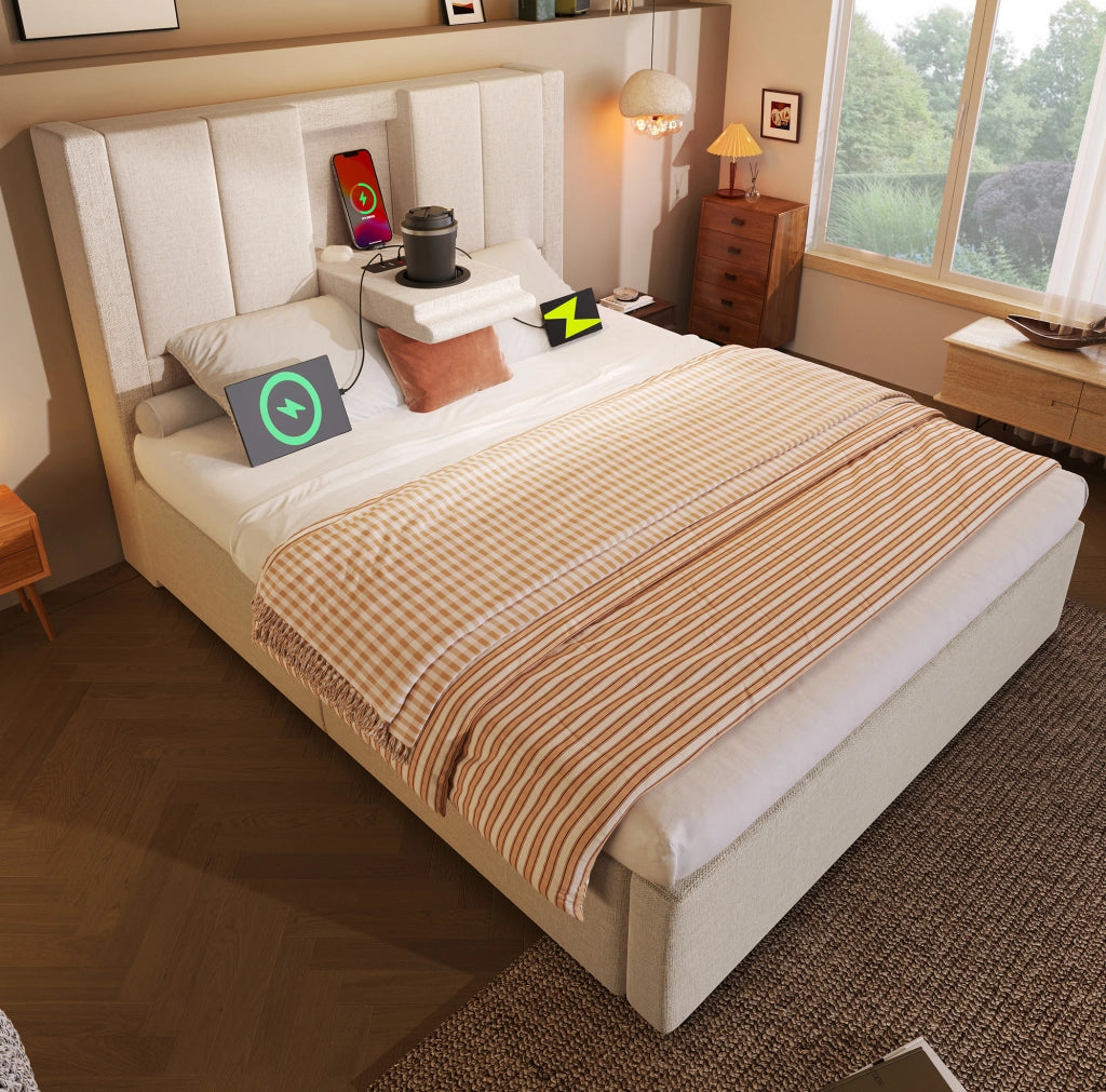 Letto 90x200 cm beige con contenitore idraulico e caricatore, con materasso