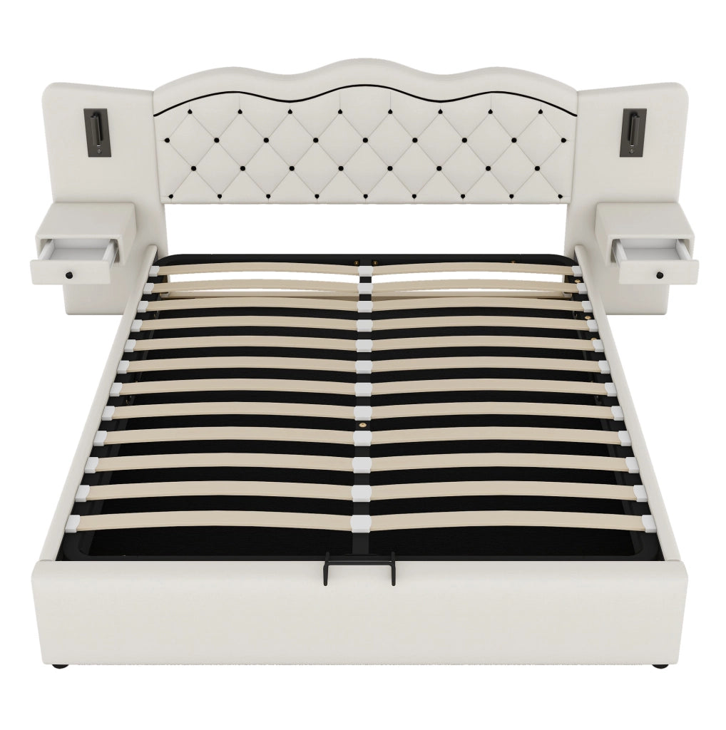 Letto imbottito ULEVR 180x200 cm beige con contenitore idraulico, USB e luci laterali integrate