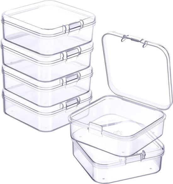 6 pezzi - Contenitori in plastica con cerniere per contenitore in trasparenza - L 5.5 x B 5.5 x H 2cm - Miniastucci per medicinali, gioielli, oggetti da collezione e hobby - Contenitori mini stivabili - Trasparente