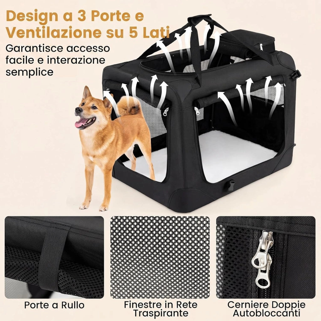 Trasportino per Cani e Gatti, Borsa per Cani Pieghevole e Traspirante con Morbido Cuscino, Parte Superiore Apribile, 2 Tasche Portaoggetti e 2 Manici per Animali Domestici (M,Nero)
