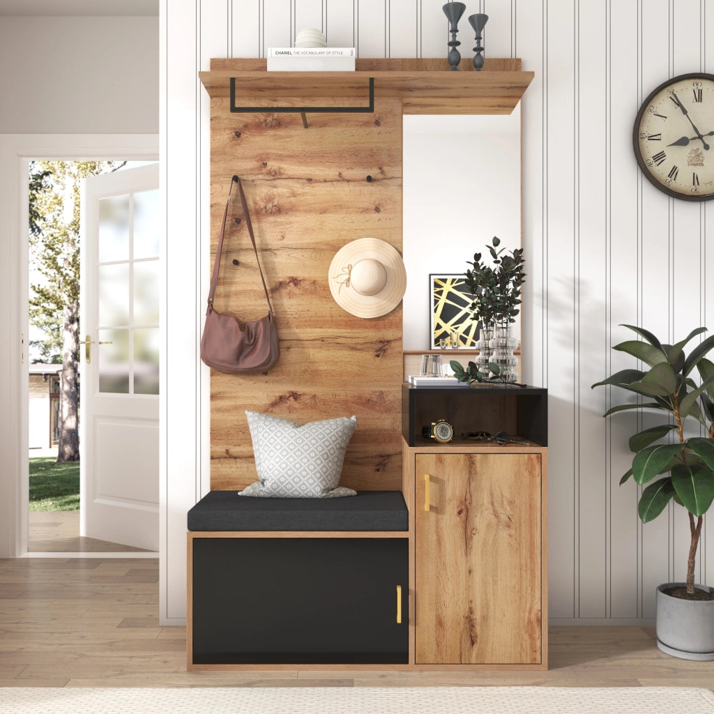 OKWISH Mobile da Ingresso con Specchio, Panca Scarpiera, 4 Ganci e Appendiabiti, 2 Vani, 105×40×191.5 cm