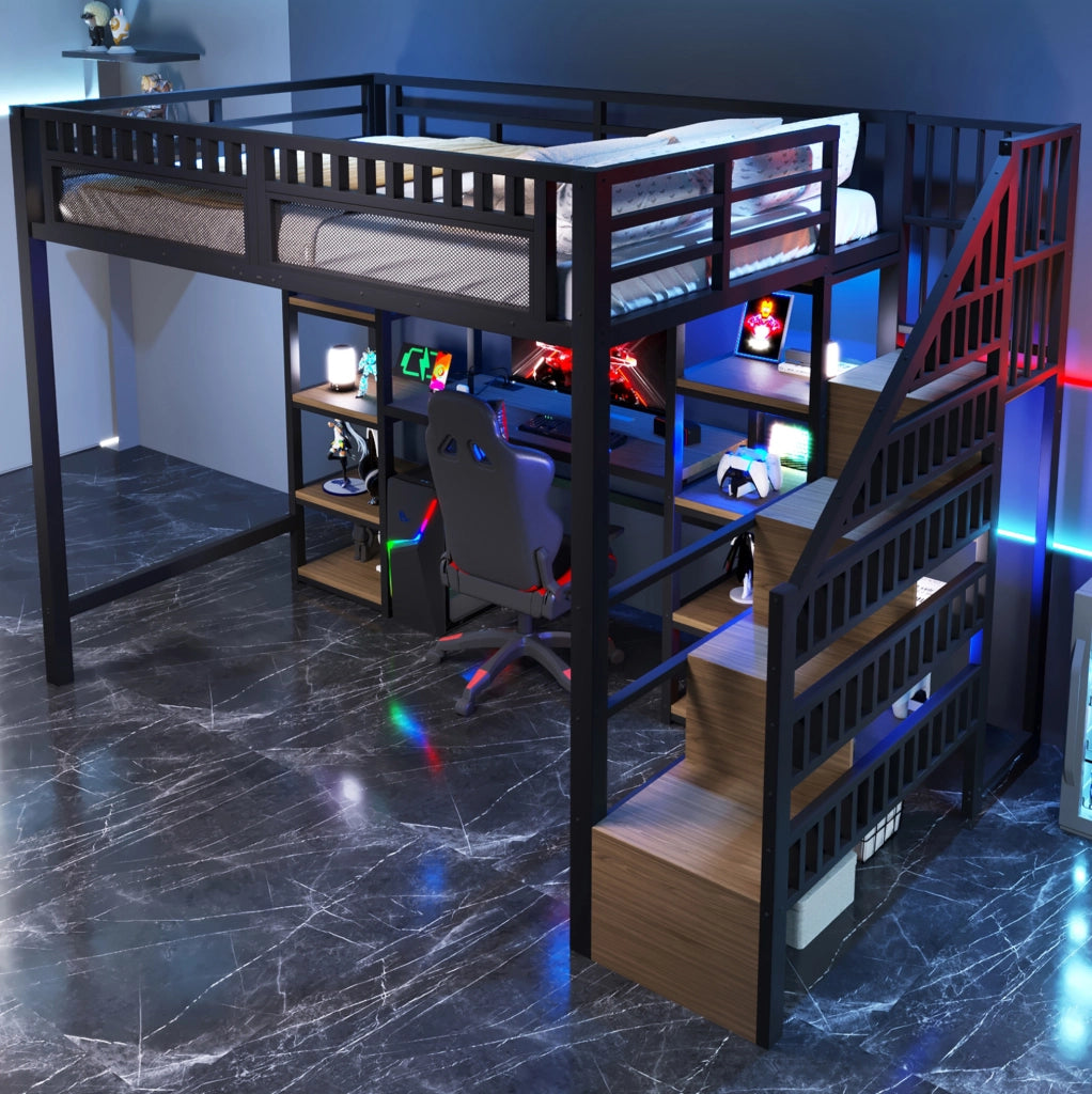 Letto a soppalco 140x200 cm con scrivania, LED e USB