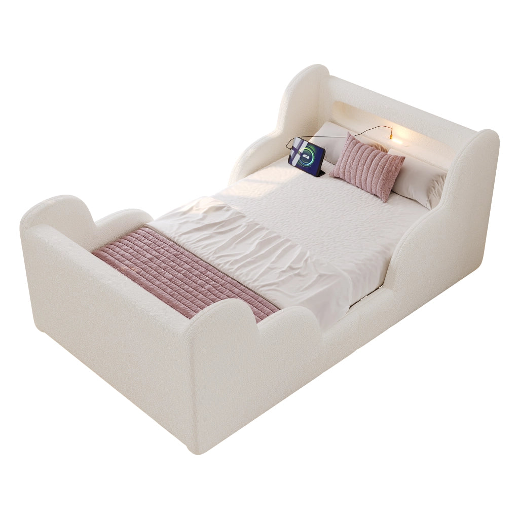 Letto per bambini 90x200 cm in bouclé beige con sponde imbottite, luce notturna, USB e rete inclusa