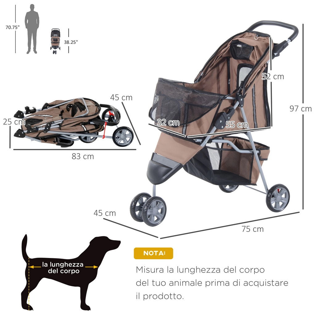 PASSEGGINO PER CANI PIEGHEVOLE CARRELLO PER ANIMALI DOMESTICI CARRELLO CARROZZINA CAFFÈ 75 X 45 X 97CM