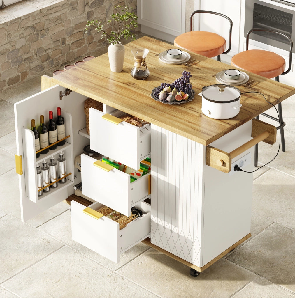 Carrello cucina mobile con piano pieghevole e prese, bianco