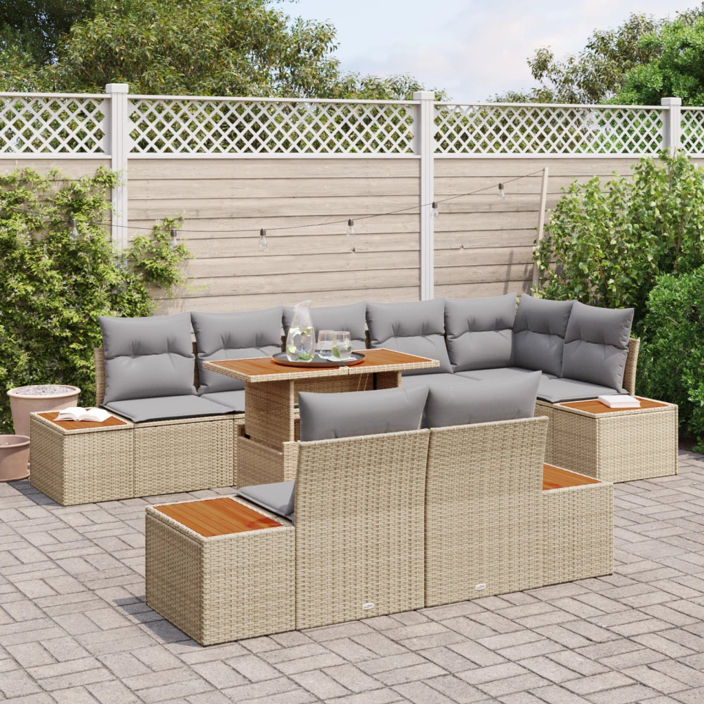 Set da Pranzo da Giardino 9 Pezzi con Cuscini Beige in Rattan Polivalente e Acacia