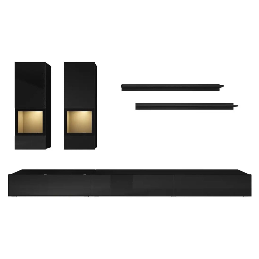 Set di mobili da soggiorno collezione RAMOS. Colore nero lucido. LED integrati.