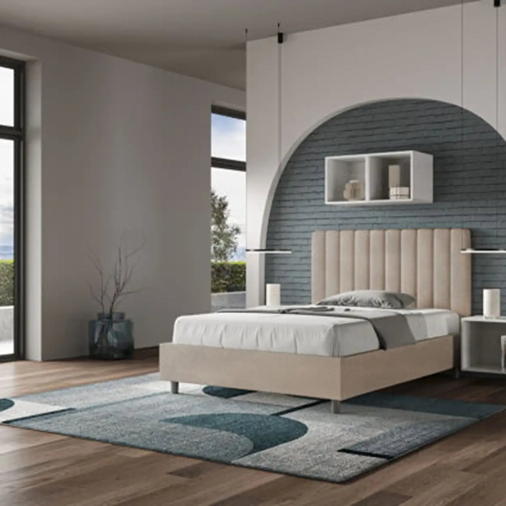 Letto una piazza e mezza contenitore imbottito 120x200 microfibra sabbia Agueda