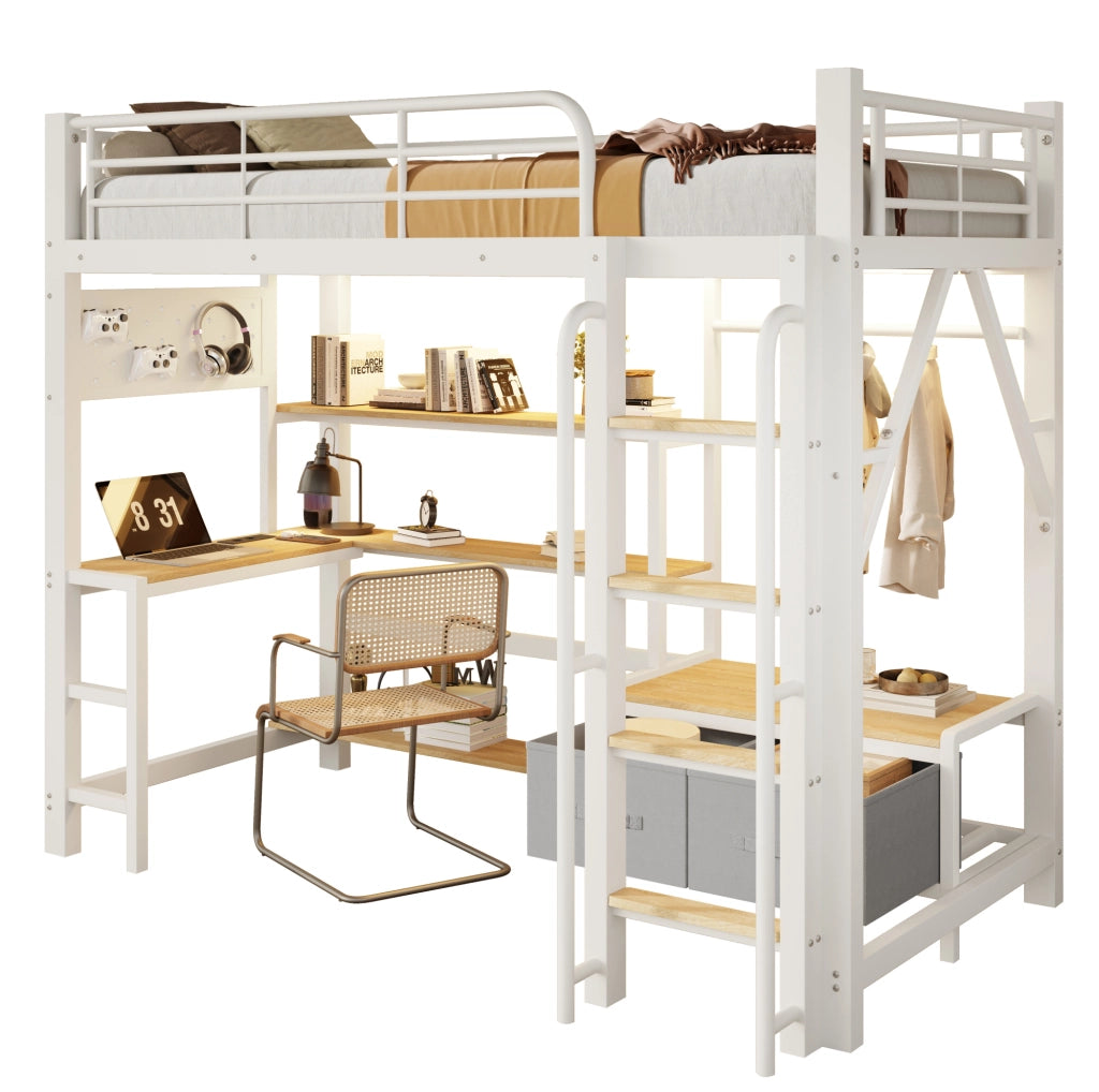 Letto a soppalco 90x200 cm con scrivania; ripiani; cassetti in tessuto; LED e USB; bianco