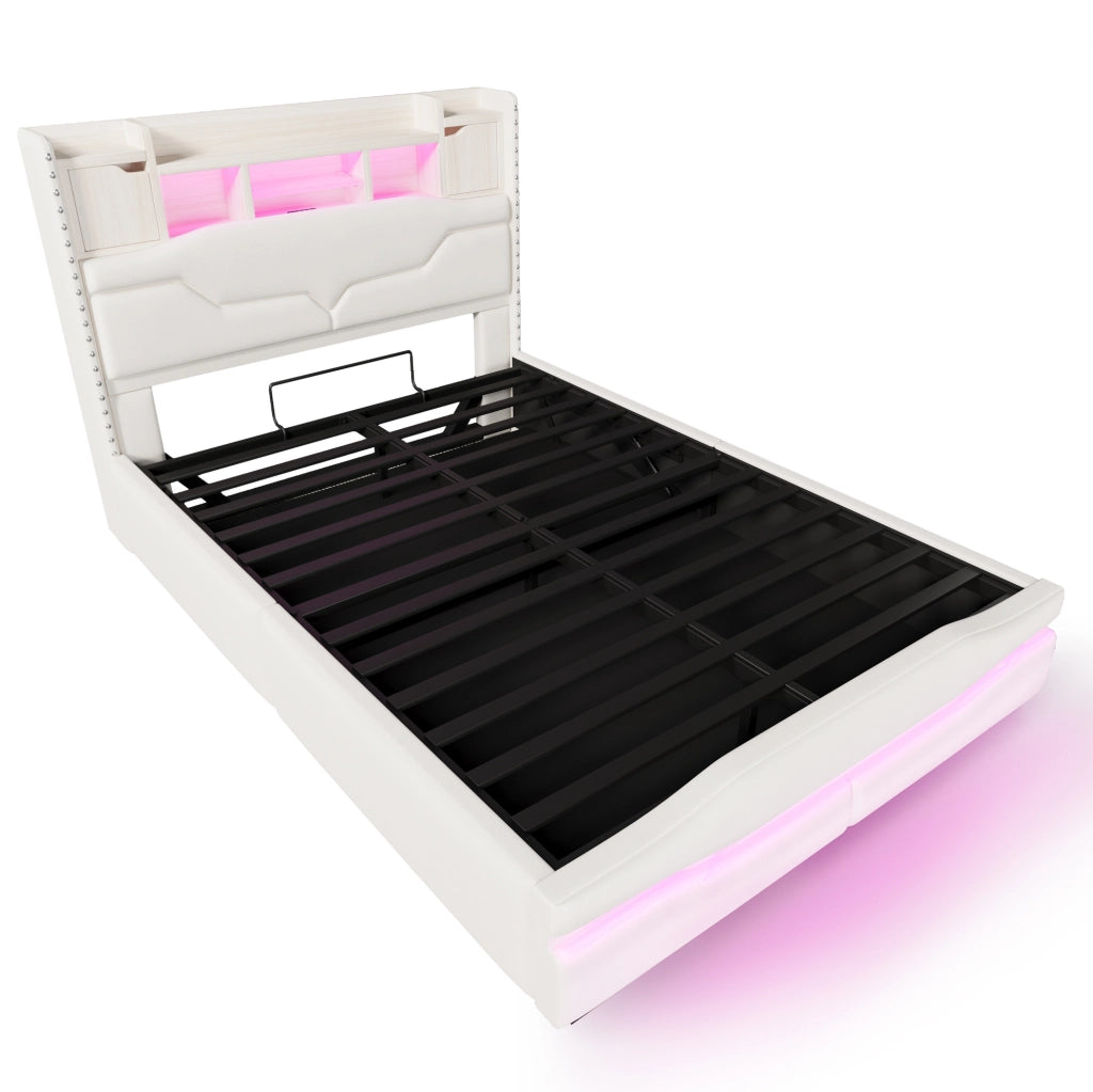 Letto matrimoniale imbottito 140x200 cm in lino beige con LED; presa USB e contenitore idraulico