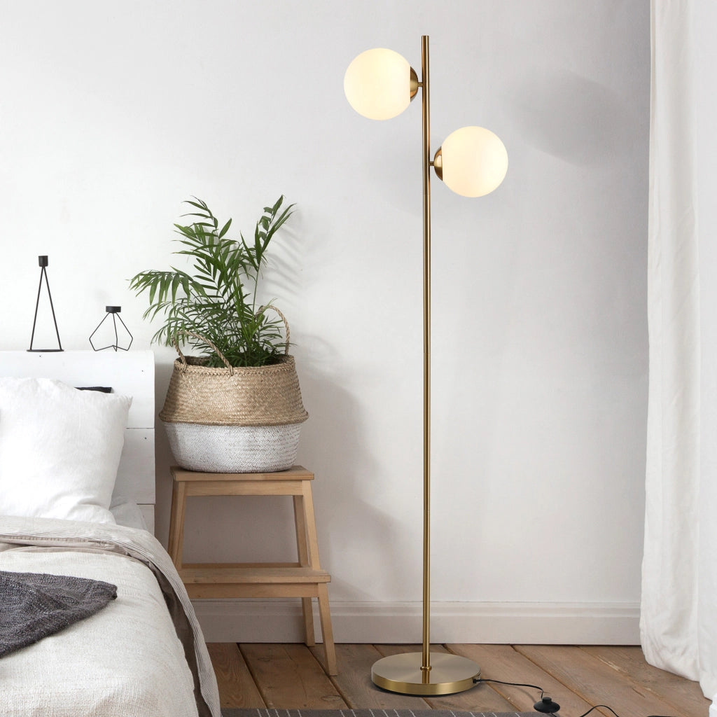 Lampada da Terra con 2 Luci e Paralumi a Sfera, Interruttore a Pedale e Attacco E27, ?28x165 cm, Oro