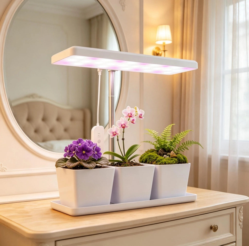 Lampada LED per crescita piante 10W a spettro completo con 3 vasi da coltivazione, struttura regolabile bianca
