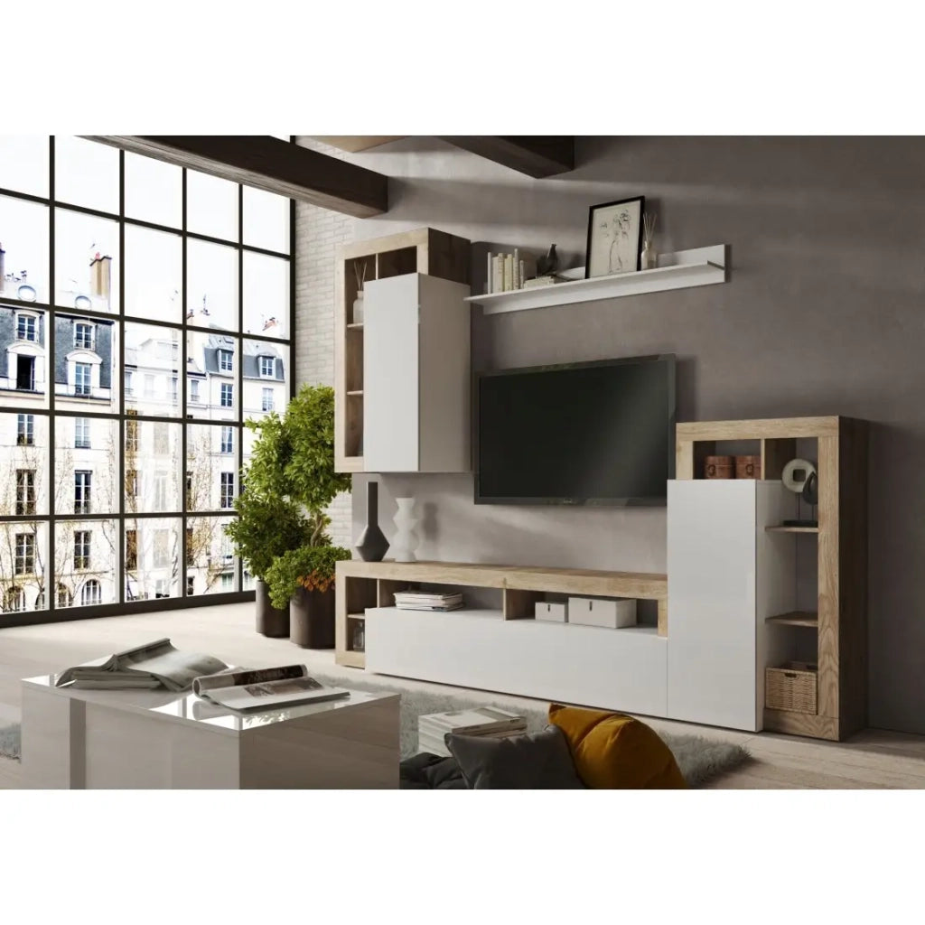 Set mobili soggiorno con contenitori, collezione BURA, lunghezza 280 cm, rovere cadiz/bianco lucido lacato