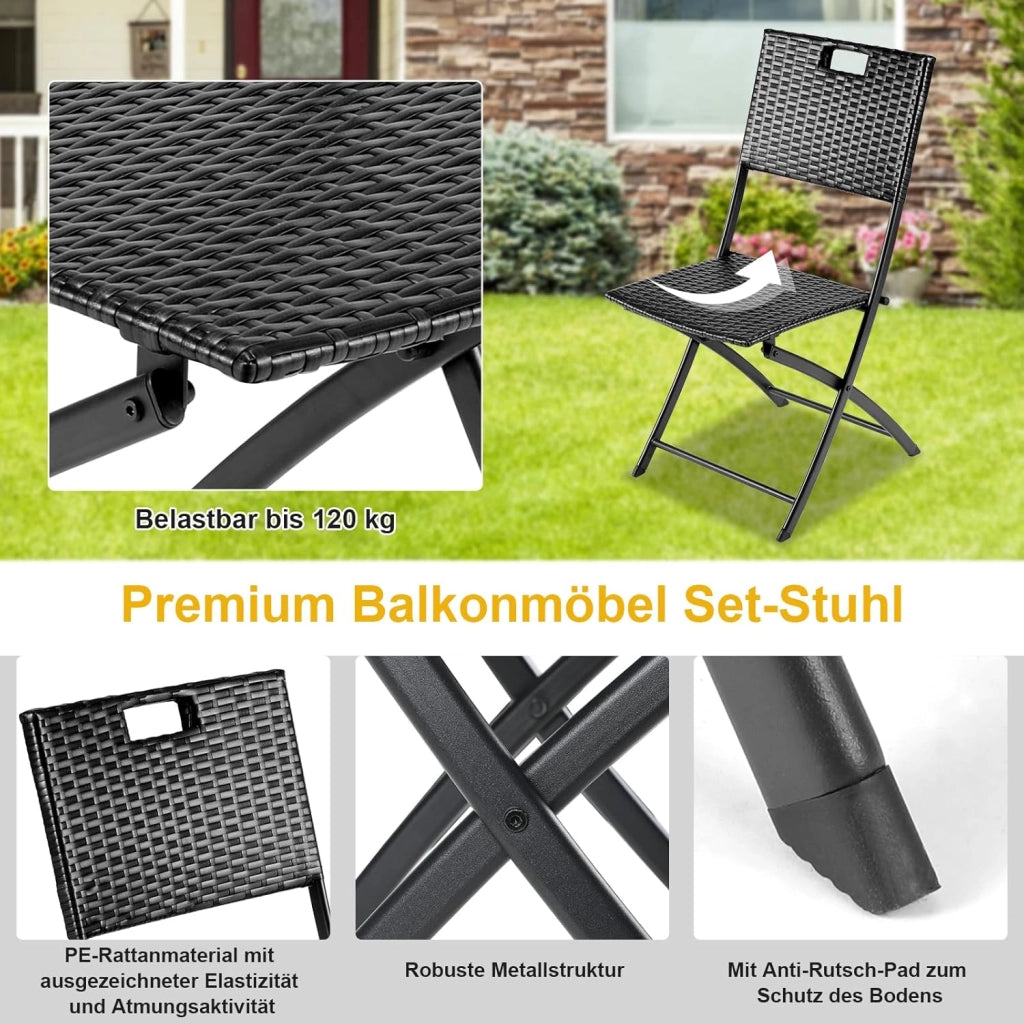 Set di Mobili da Balcone Pieghevole da 3 Pezzi, Mobili da Bistrot, Set Giardino in Rattan, 1 Tavolo e 2 Sedie, Sedia Pieghevole per Balcone, Giardino e Terrazza, Nero