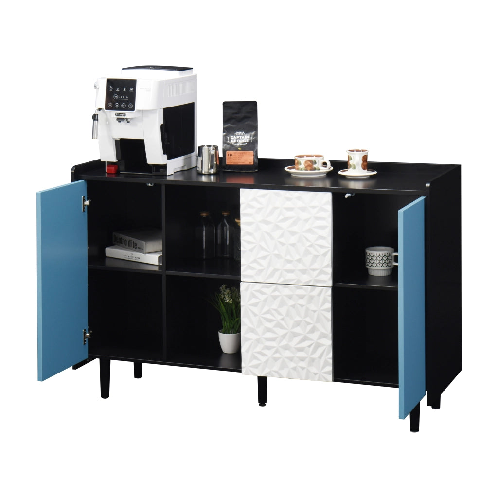 Credenza con 2 Cassetti; 2 Vani Aperti e 2 Ante; Stile Moderno; in MDF; Nero e Blu; 120??40??80 cm
