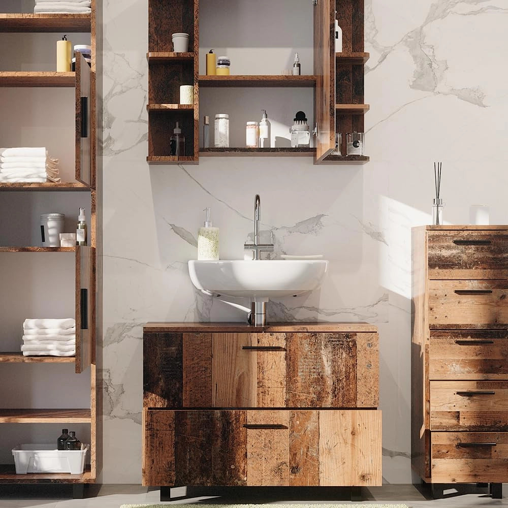 Set di mobili da bagno Ilias, Rovere rustico, 80.2 cm, composto da mobile lavabo, pensile a specchio, colonna e base media