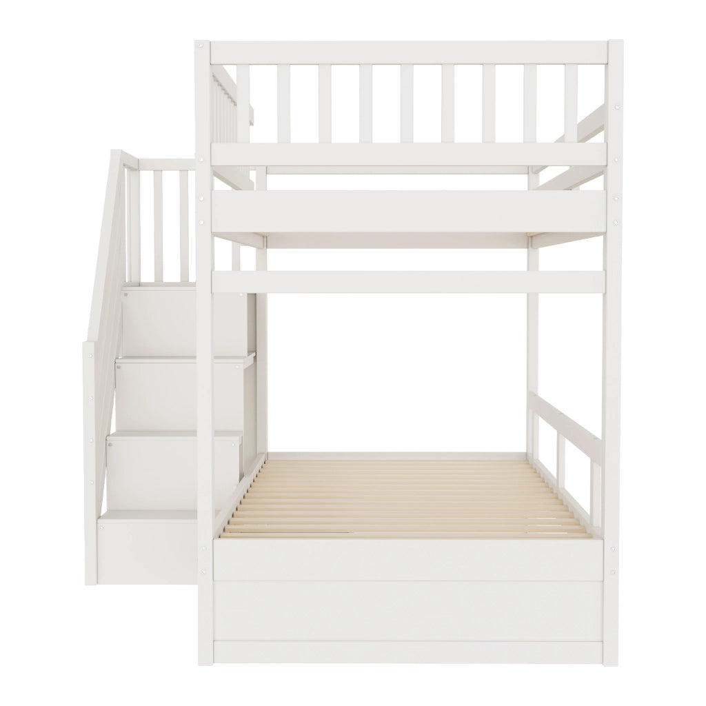 DESMIU Letto a castello 2 posti con scala contenitore e cassetto, 90 × 200 cm, senza materasso, bianco