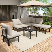 OKWISH Set di 6 mobili da giardino con poltrone e tavolino, piano in vetro e piedini regolabili, Olefin Beige