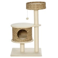 Albero Tiragraffi per Gatti con Cuccia e Casetta in Rattan e Pali in Sisal, 55x47x95cm, Beige