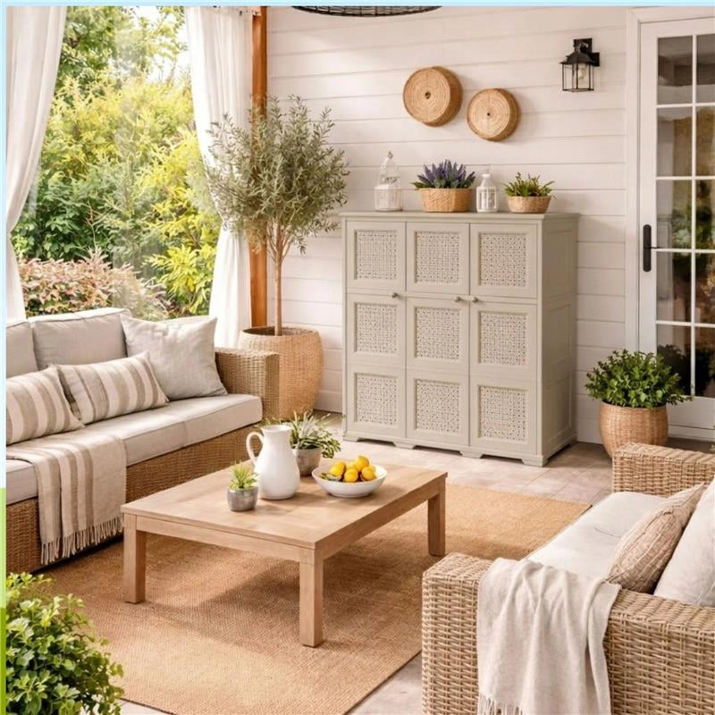ARMADIO 3 ANTE TRAFIATO TAUPE 118X43X125 CM CON PUNTALI – MOBILE CONTENITORE ALTO SALVASPAZIO PER ZONA GIORNO E VERANDA