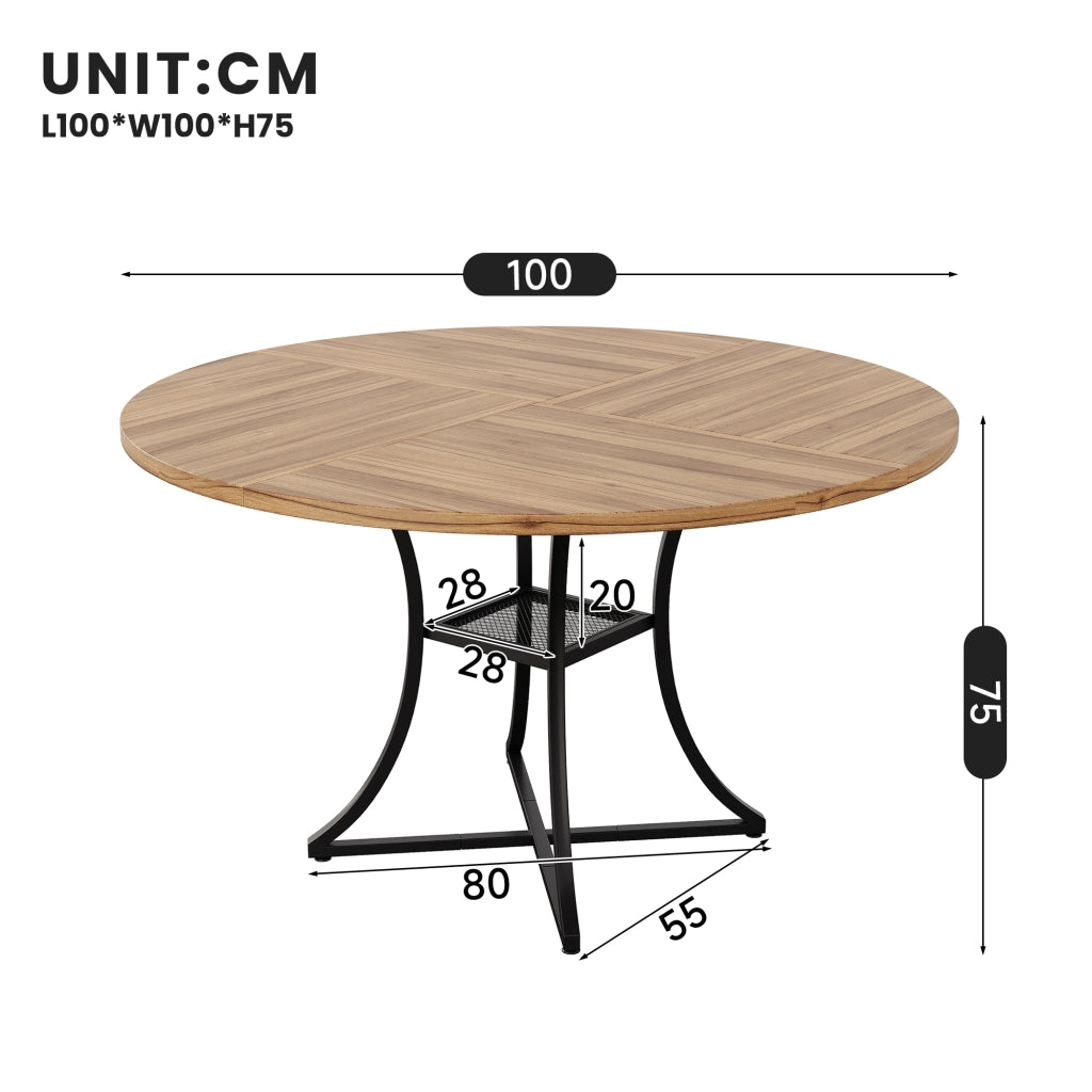 Tavolo da pranzo rotondo per 4-6 persone con ripiano aperto, in MDF effetto noce e metallo nero, 100 × 100 × 75 cm