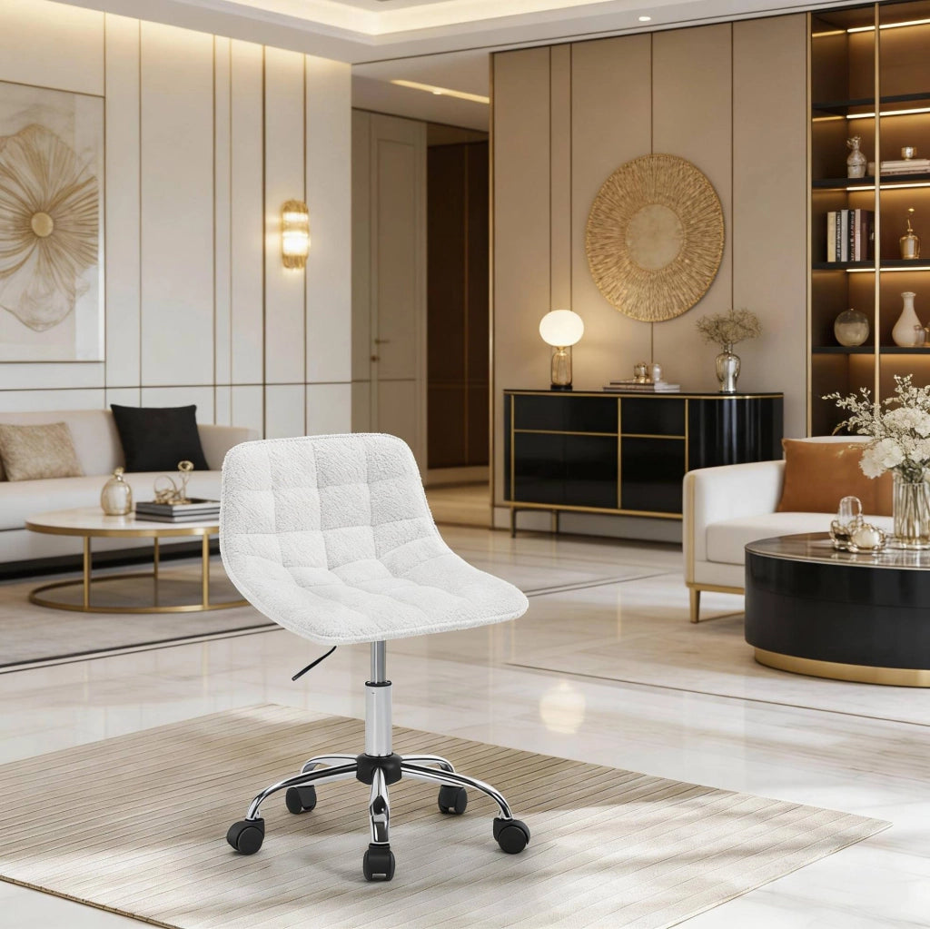Sgabello da ufficio regolabile in ciniglia bianco con ruote