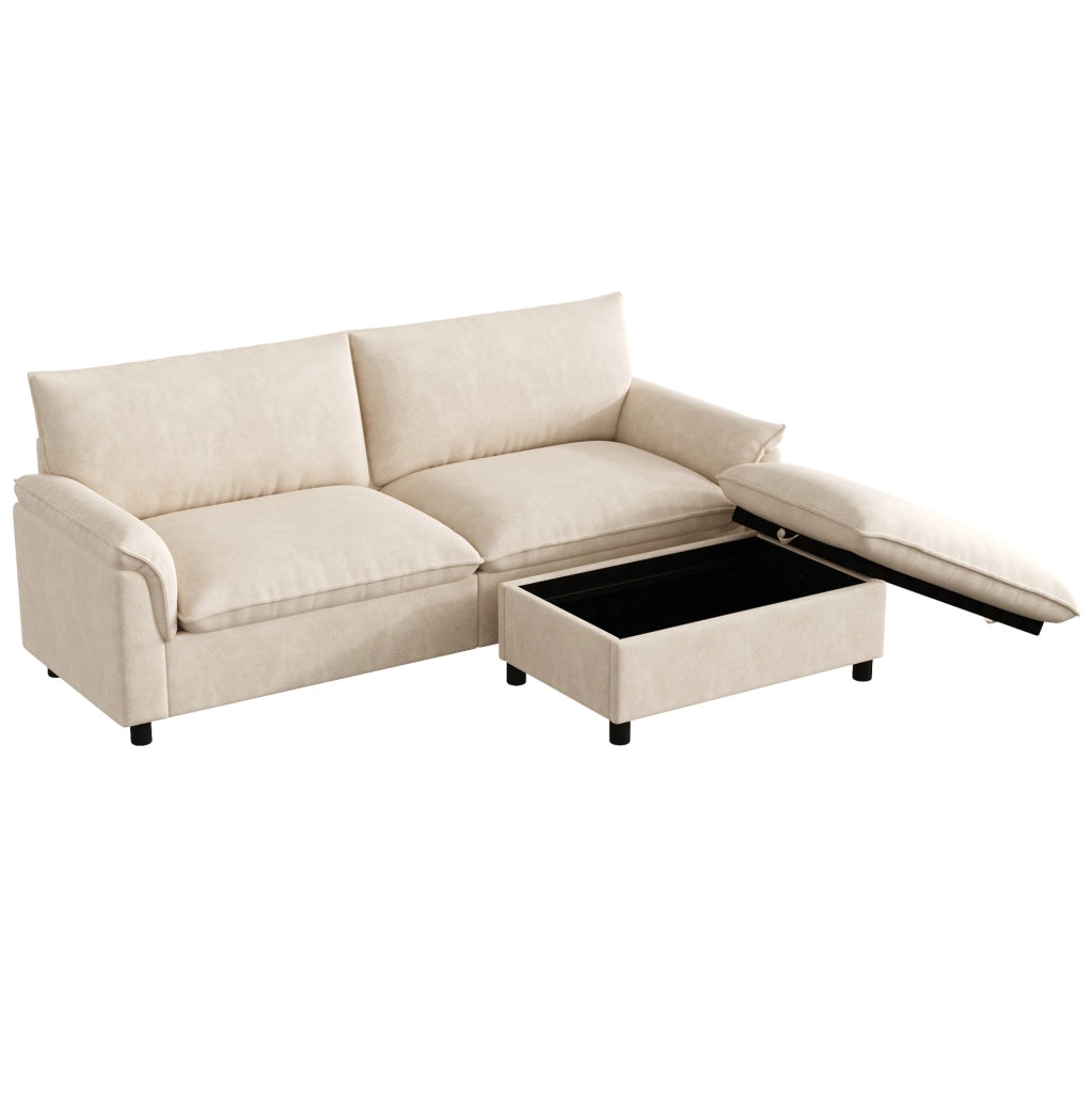 Divano modulare a nuvola con pouf mobile e vano contenitore 216x77x82 cm; chenille beige
